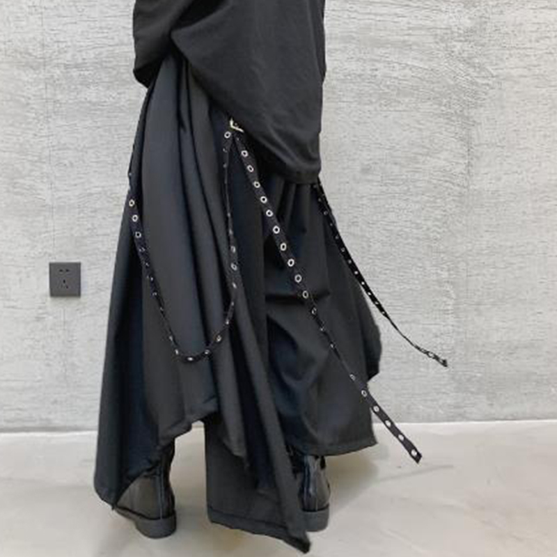 Men Ribbon Dark Black Wide Leg Pants Male Women Japan Punk Gothic Harem Trousers Kimono Skirt Pants 201130wtt