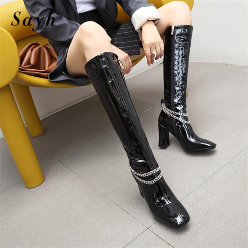 Winter Woman Outdoor Shoes Metal Chain Knee High Boots Patent Leather Square Toe Boots Thick Heel High Fashion1, Black
Winter Woman Outdoor Shoes Metal Chain Knee High Boots Patent Leather Square Toe Boots Thick Heel High Fashion1, Black