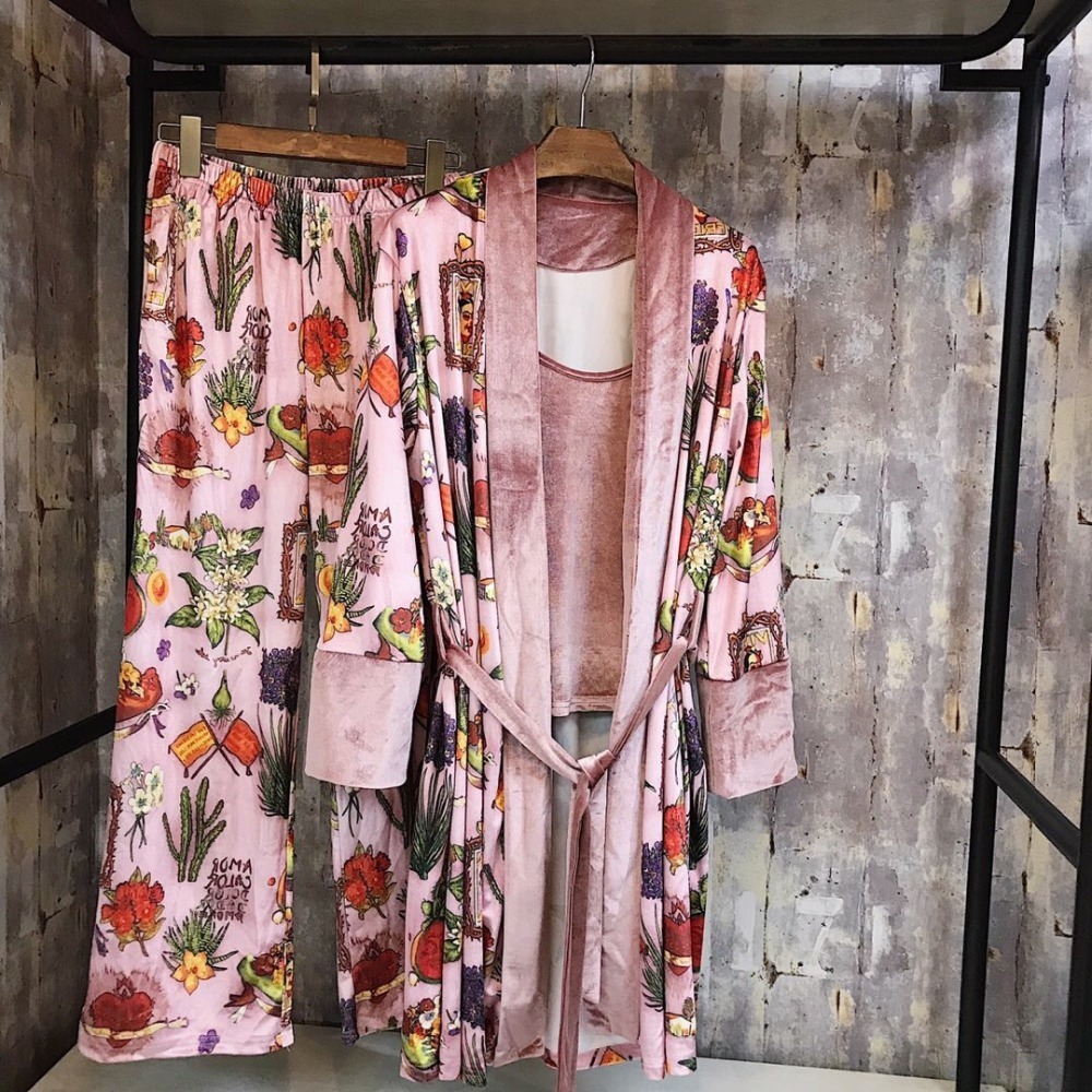 Fashion Autumn Multicolor Print Velvet Women 3 Pieces Pajama Sets Winter Vintage Sexy Robe Sets Elegant Female Nightwear E2582 201113