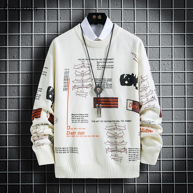 Sweater Men New Autumn Winter elasticity Men's Knitted Pullover Casual Harajuku Hip hop print Warm Sweaters Man Tops, Yellow