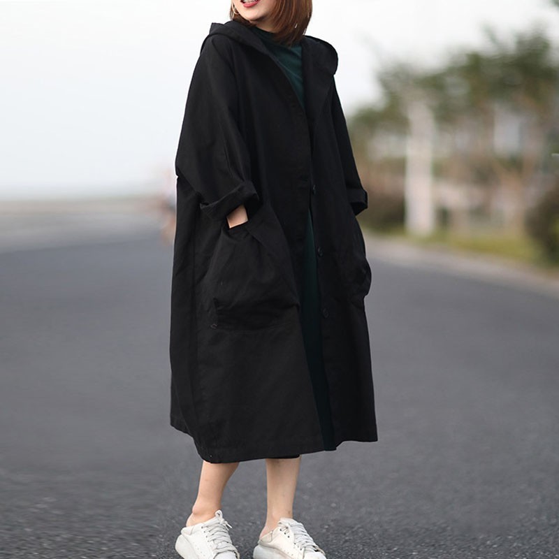 Johnature Autumn New Loose Plus Size Hooded Single Breasted Windbreaker Simple Casual Solid Color All-match Women Long Coat 201211
