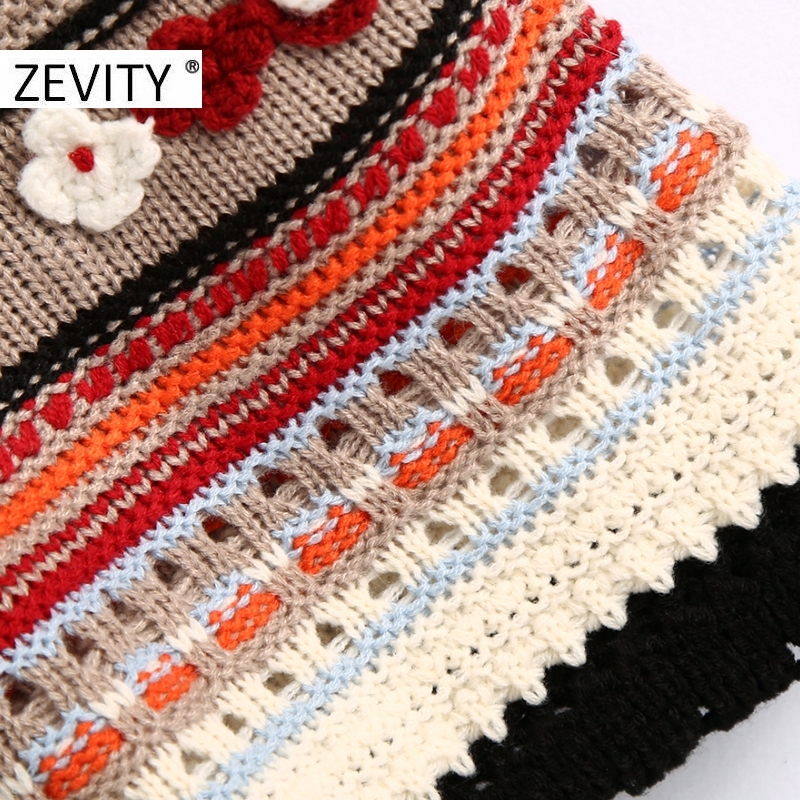 ZEVITY women fashion color matching floral appliques knitting sweater ladies sleeveless casual vest sweaters chic tops S408 201224