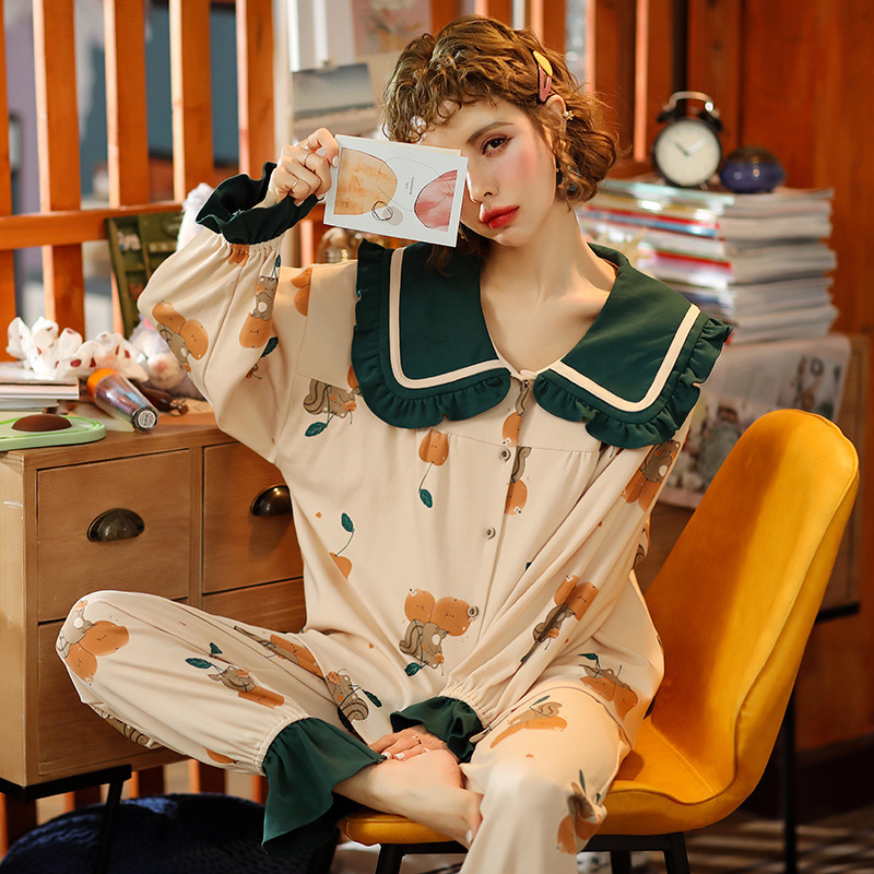 NIGHTWA Autumn Winter Pajamas Women Ruffle Cute Pyjamas Set Girl Large size Homewear Night Suit Pajamas Long Sleeve Pyjamas Set 201113