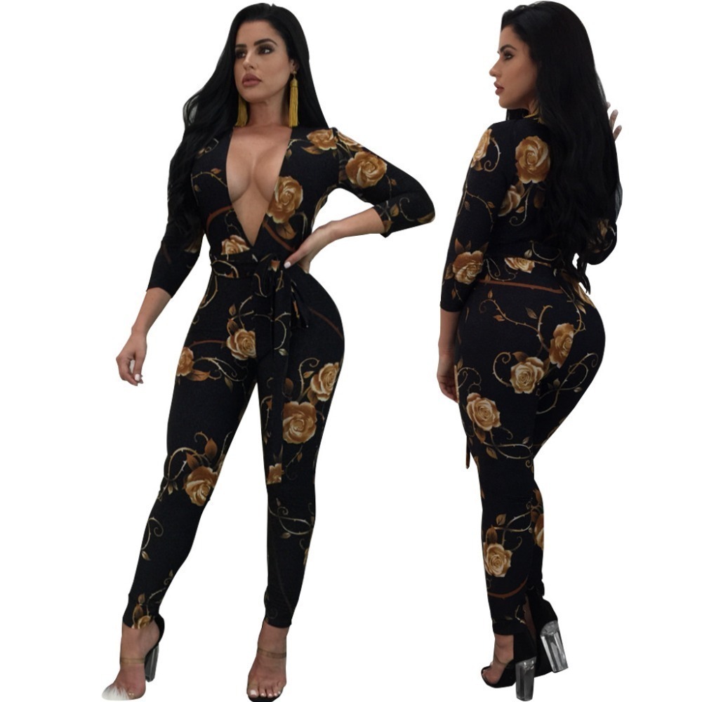 Sexy Elegant With Belt Print Casual Autumn Spring Lady Fashion Bandage Outfit Women Plus Size S-2XL Jumpsuits Rompers 6 Colors T200509