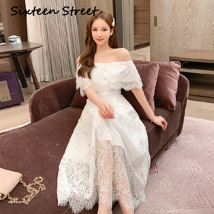 2021 Elegant Summer Lace White Dress Long Slash Veck Off the Shoulder of Fairies Mid-calf Dressed in Short Sleeves 9bct, Blue 
2021 Elegant Summer Lace White Dress Long Slash Veck Off the Shoulder of Fairies Mid-calf Dressed in Short Sleeves 9bct, Blue