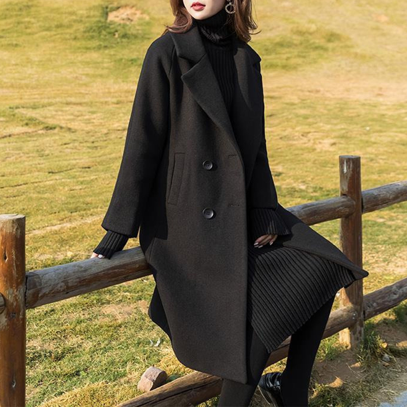 Black Coat Women Button Pockets V-Neck Double Breasted Loose Solid Long Wool Coat Fashion Woman Coats Winter Plus Size 201111