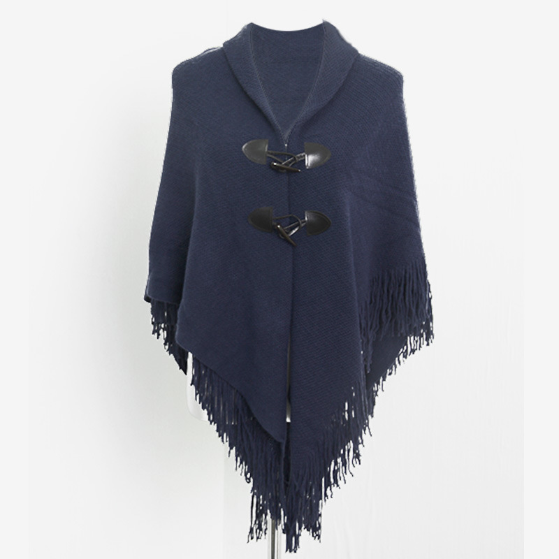 Fashion Women Poncho Tassel Woman Pashmina Horn Buttons Shawls Scarf Female Loose Ponchos Wrap Wool Cape Women Shawls 201214