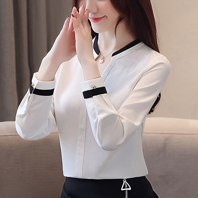 Blusas mujer de moda 2019 womens tops and blouses shirts Bead chiffon blouse Solid V-Neck white shirts ladies tops full 50 T200321