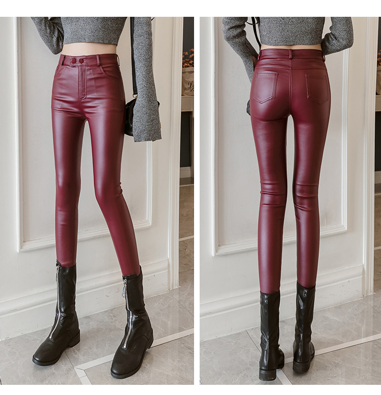 Cool Leather Pants Women Autumn Winter Elastic Stretch Skinny High Waist Women Pants Plus Size Solid Red Pencil Pants 7163 50 201228