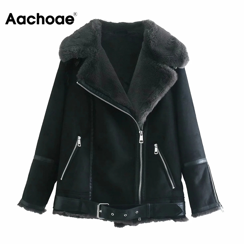 Aachoae Winter Streetwear Fur Faux Leather Jacket Women Fashion Thick Warm Coat Female Zipper Up Sashes Jackets Coats 201112