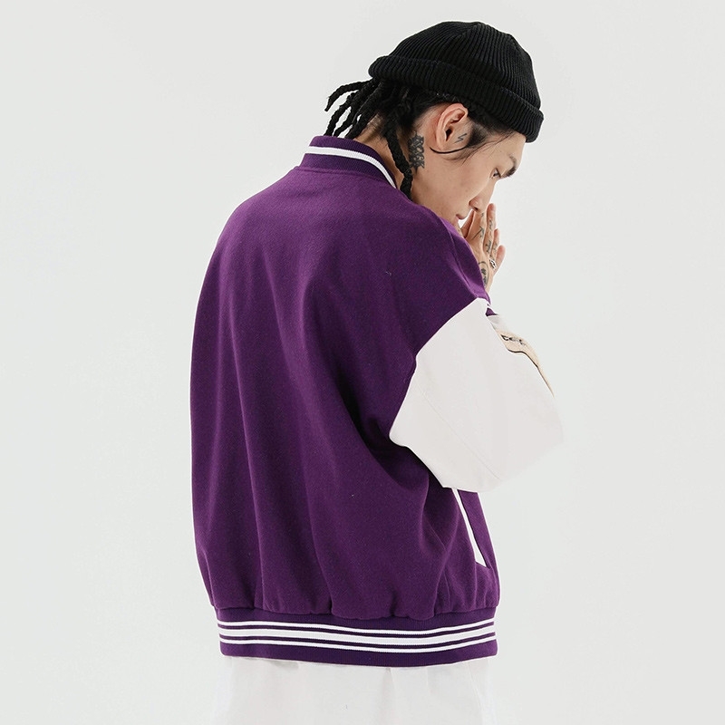 Hip Hop Baseball Jacket Men Furry Bone Letter Patch Color Leather Sleeve College Style Streetwear Harajuku Bomber Jacket Coat 201218