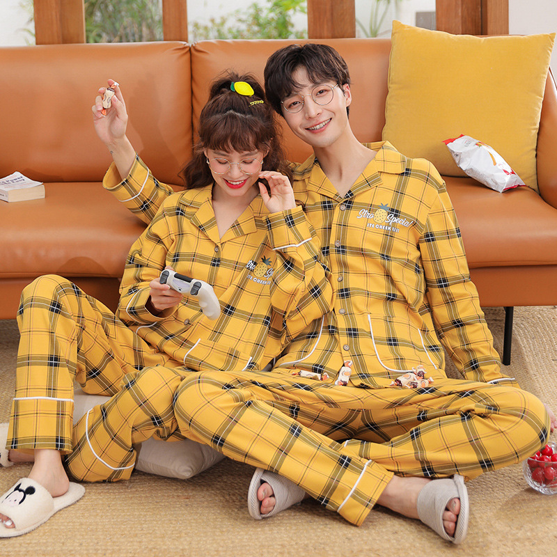 Couple Pajamas Set Plaid Sleepwear Autumn Winter Cotton Pyjamas Suit Women & Men Long Sleeve Pijama Lovers Night Wear Button 201113