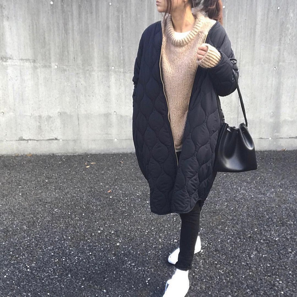 Autumn Cotton Padded Jacket Office Ladies Korean Warm Solid Green Zipper Retro Causal Long Parkas Winter Coat Outwear Overcoat 201017