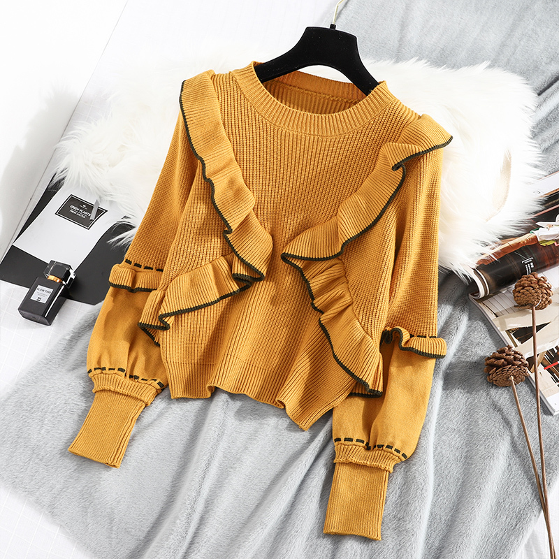 Autumn winter women's top Korean style the ruffle stitching pullover sweater new lantern sleeve knitted bottoming tops LL283 201023