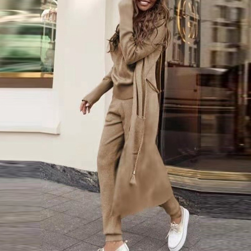 Autumn Winter Vintage Warm Solid Three Piece Set ELegant Vest + Long Cardigan Wide Leg Pants Suits Women Casual Commute Outfit 220315