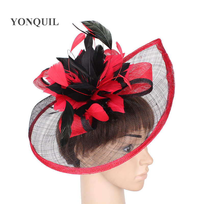 High quality 18 colors select cocktail hats sinamay base with feather flower fascinator hair accessories occasion wedding hats T200508