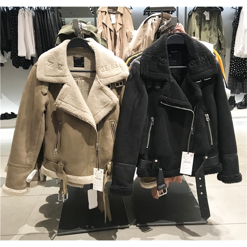 New Women Suede Leather Jackets Female Faux Shearling Sheepskin Coats Autumn Winter Lambs Wool Short Motorcycle Coats Belt 201020