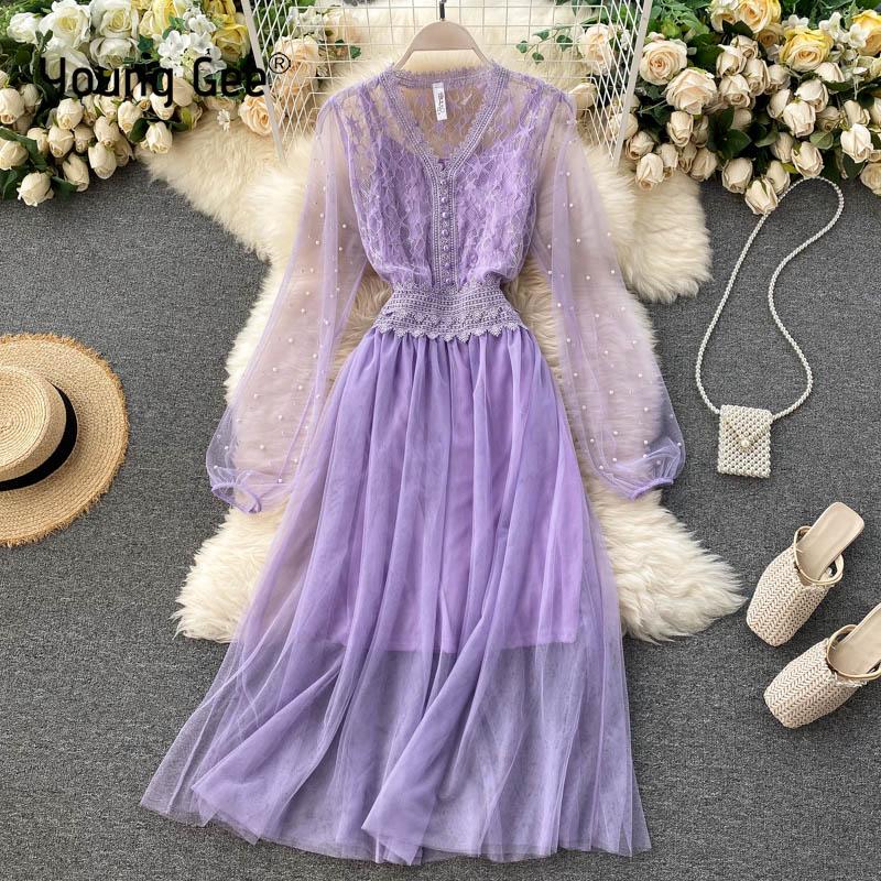 Young Gee Women French Sweet Lace Dress Chic V Neck Long Pearls Sleeve A-line Dress Autumn Elastic Ruched Streetwear Dresses, Beige
Young Gee Women French Sweet Lace Dress Chic V Neck Long Pearls Sleeve A-line Dress Autumn Elastic Ruched Streetwear Dresses, Beige