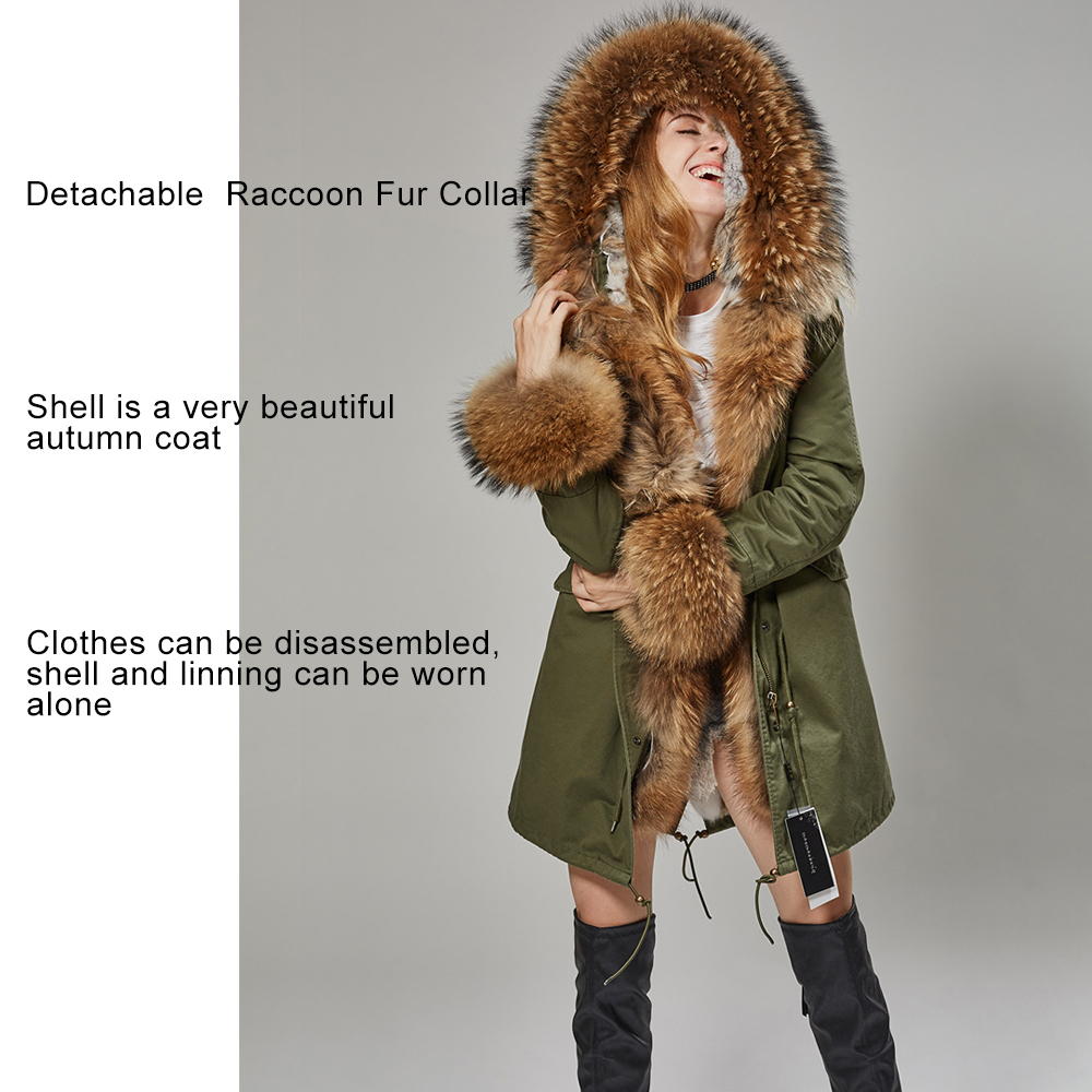 Jacket women Winter Coat Long Parka Waterproof Big Natural Raccoon Collar Hood Thick Warm Real Rabbit Fur 201103