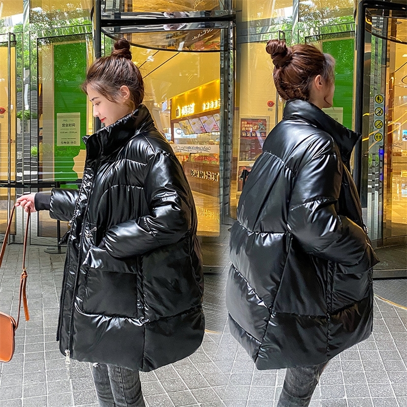 Down Jacket Women Autumn Winter loose bright face stand collar small Pu padded jacket waist drawstring jacket 201217