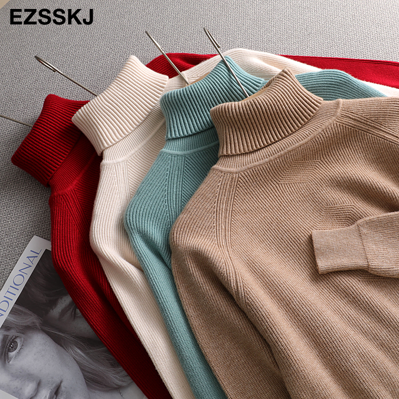 casual Autumn Winter Basic THICK HIGHNECK Sweater pullovers Women loose Knit Pullover female Long Sleeve Khaki Sweater 201017