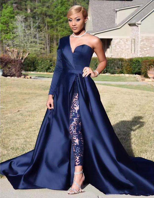 Modern Dark Navy One Shoulder Evening Dresses Women Jumpsuits Formal Party Gowns Lace Appliques Satin A Line Prom Dress Special Occasion Wear Pant 202
