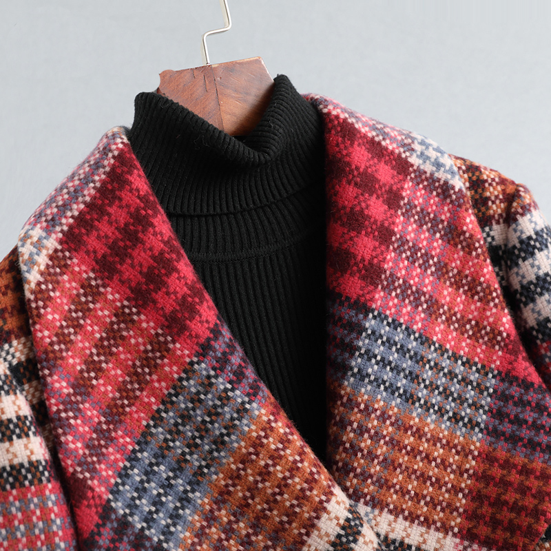 Autumn Winter New Arrival Women Warm Wool Coat Fashion Plaid Belted Blends Outwear Female Korean Slim Office Long Coat 201112