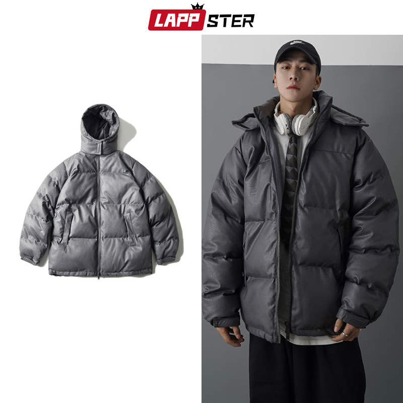 LAPPSTER Men Japanese Streetwear Leather Puffer Jacket Mens Hip Hop Black Winter Bubble Jackets Coats Couple Korean Parka 201128