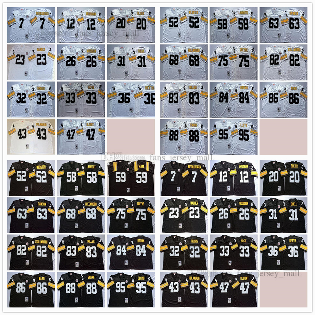 NCAA Football 20 Rocky Bleier Jerseys 7 Ben Roethlisberger 12 Terry Bradshaw 23 Mike Wagner 26 Rod Woodson 31 Donnie Shell 32 Franco Harris 33 Hoge Man Vintage, Same as picture
NCAA Football 20 Rocky Bleier Jerseys 7 Ben Roethlisberger 12 Terry Bradshaw 23 Mike Wagner 26 Rod Woodson 31 Donnie Shell 32 Franco Harris 33 Hoge Man Vintage, Same as picture