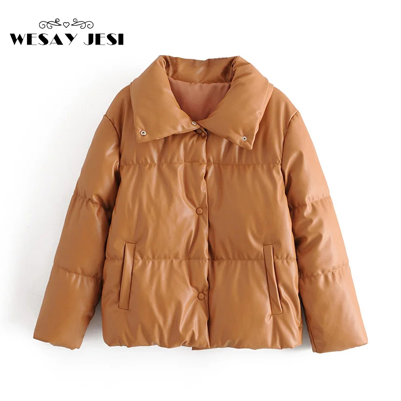 Women PU Leather Parkas Fashion High Street Solid Faxu Leather Coats Elegant Winter Thick Cotton Jackets Loose Outerwear 201019