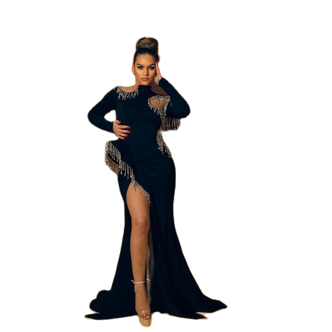 Tassel Black Mermaid Prom Dresses Aso Ebi Arabic High Split African Beaded Evening Gowns Plus Size Custom Made Dress