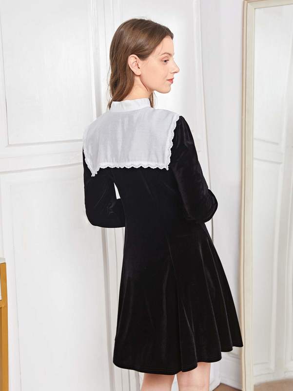 Teen Girls Contrast Collar Cut Out Velvet Dress SHE