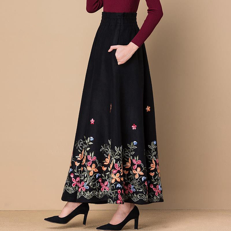Elegant Maxi Skirt: Black Ral Embroidered High Waist Woolen Skirt For Women's Casual Or Office Wear