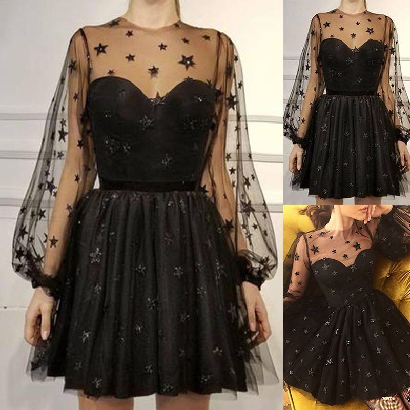 Women Sequin Star Print Tulle Dress Ladies Mesh See-Through Tail Party T200320
