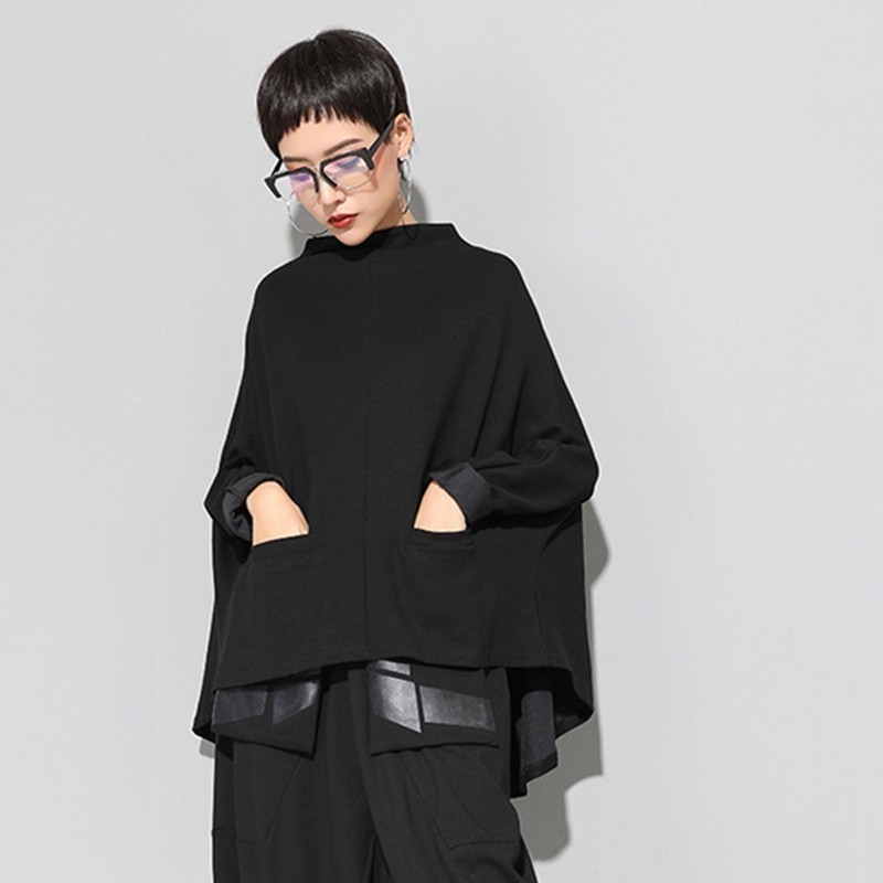 EAM Spring Stand Collar Long Sleeve Black Loose Irregular Big Size Cloak Sweatshirt Women Fashion JI949 201203