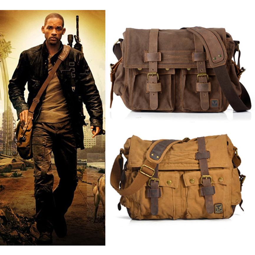 Eu sou a lenda will smith militar + couro genuno do mensageiro dos homens bolsa de ombro lona crossbody saco ocasional 2020