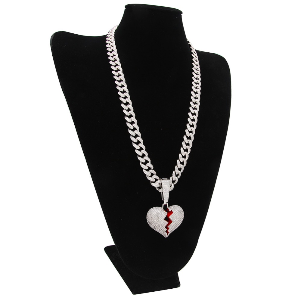 Hip Hop Jewelry Designer Necklace Iced Out Pendant Cuban Link Chain Gold Dia Break Heart Pendants Bling Charm Rapper Men Wedding Free shipping Free sh