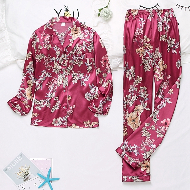 Autumn Winter Print Pattern Women Pajama Set Satin Silk Turn-down Collar Pajamas Sleepwear Long Sleeve Trousers Two Paper Suit 201027