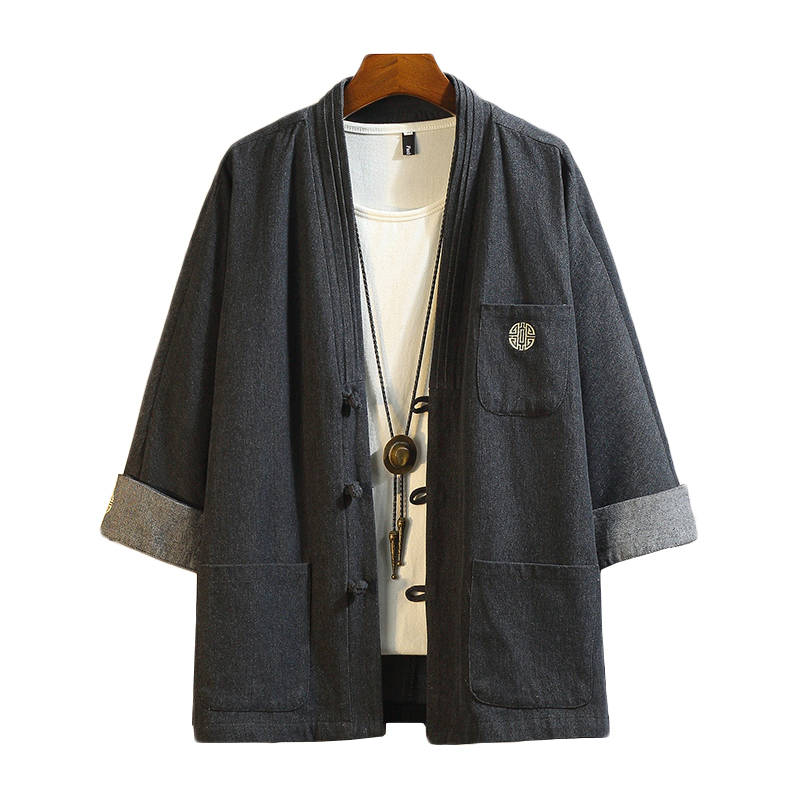 MRDONOO Chinese Stylel 100% Cotton Kimono Cardigan Men Vintage Denim Jacket Casual Coat Male Streetwe Plus Size A032-KS001 T200502