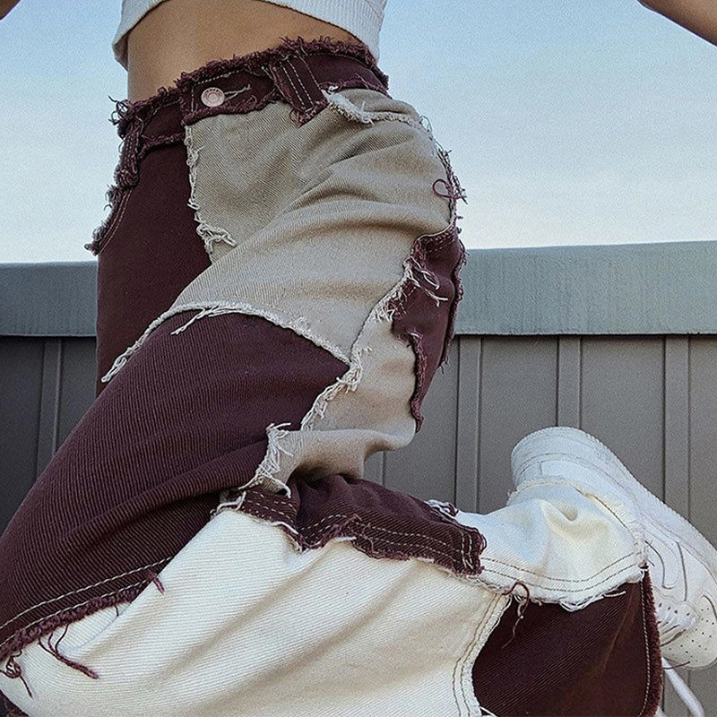 Autumn Patch Trousers Straight Women's Jeans Plaid Denim Patchwork High Waist Pocket Female Pants Streetwear Fashion Lady Bottom 201109