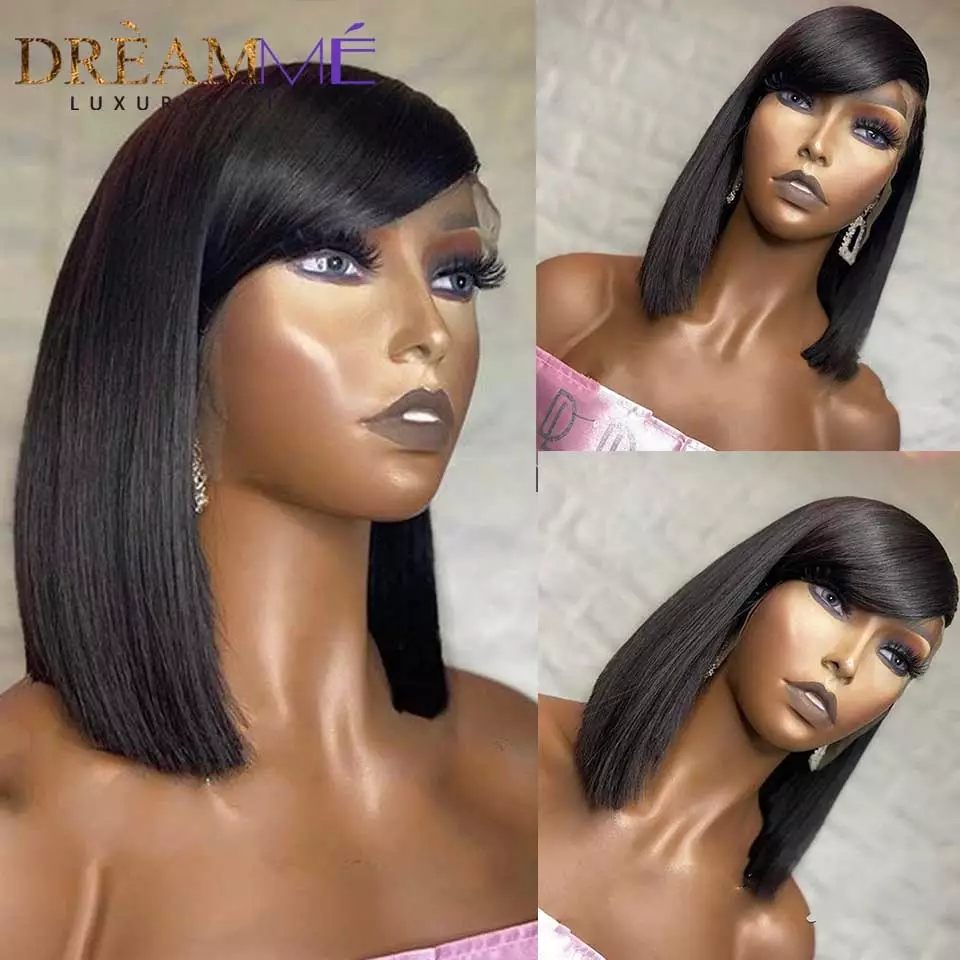 Free shipping 13X4 Lace frontal Short Straight Bob Human Hair With Bangs 150% Density Synthetic Wigs For Black Women