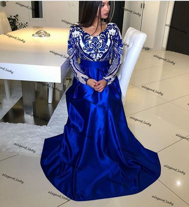 Royal Blue Long Sleeve Caftan Robes Prom Gowns 2021 Lace Sequins Stain Jewel Neck Sweep Train Kaftan Arabic Evening Dresses