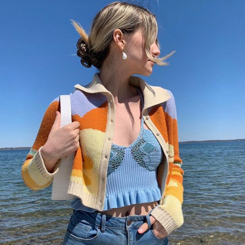 Women's Sweater Colourful Patchwork Button Turn-Down Collar Long Sleeve Sweater Fashion Casual Female Tops 201222