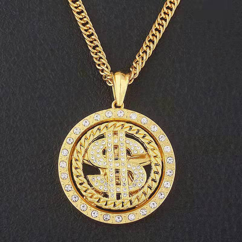 Hip Hop Rotatable Money US Dollar Symbol Necklace Long Chain Bling Bling Gold Silver Plated Austrian Crystal Diamond Dollar Sign Necklace for Men Wome