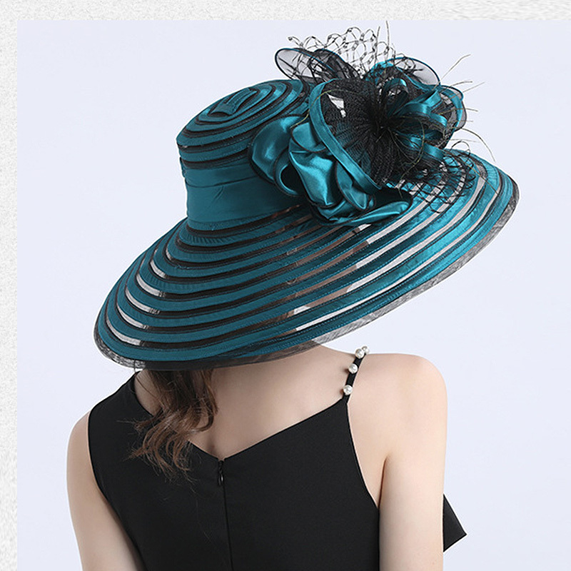 Elegant Women Feather Flower Striped Kentucky Derby Hat 16cm Wide Brim Church Dress Sun Hat Lady Summer Beach Party Wedding Hat Y2