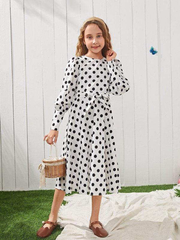 Girls 1Pc Polka Dot Belted Lantern Sleeve Dress SHE