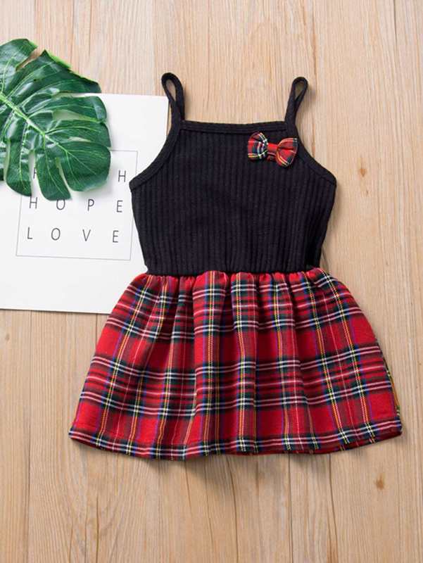 Toddler Girls Bow Rib Knit Tartan Combo Cami Dress SHE