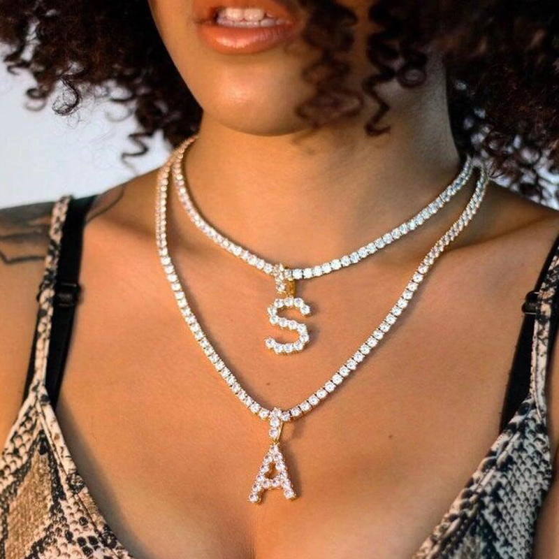popular order chain letter women men rock hip hop bling jewelry iced out cz alphabet pendant name cz tennis chain initial necklace 18