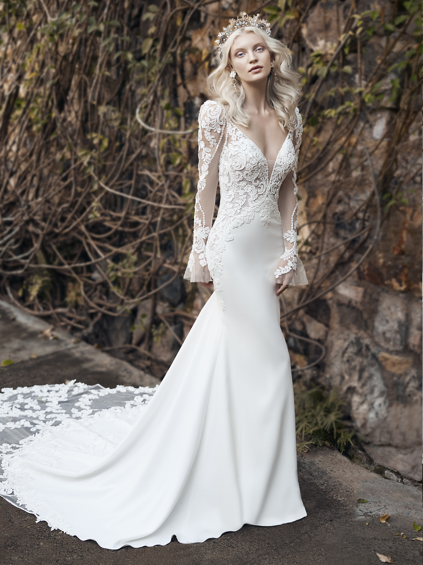 Beaded Charming Lace Mermaid Backless Wedding Dresses Deep V Neck Long Sleeves Bridal Gowns Plus Size Satin Robe De Mari E