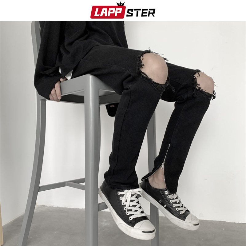 LAPPSTER Men Hip Hop Black Ripped Jeans Male Korean Streetwear Skinny Denim Pants Male Fashions High Waist Distressed Jeans 201123
